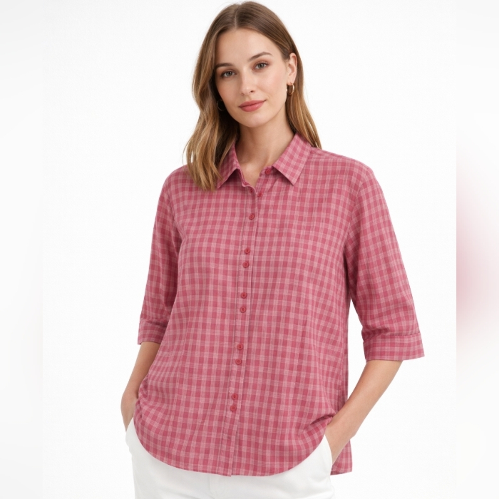 CJ Banks Shirt Country Plaid Button Up Top Red White 1X
